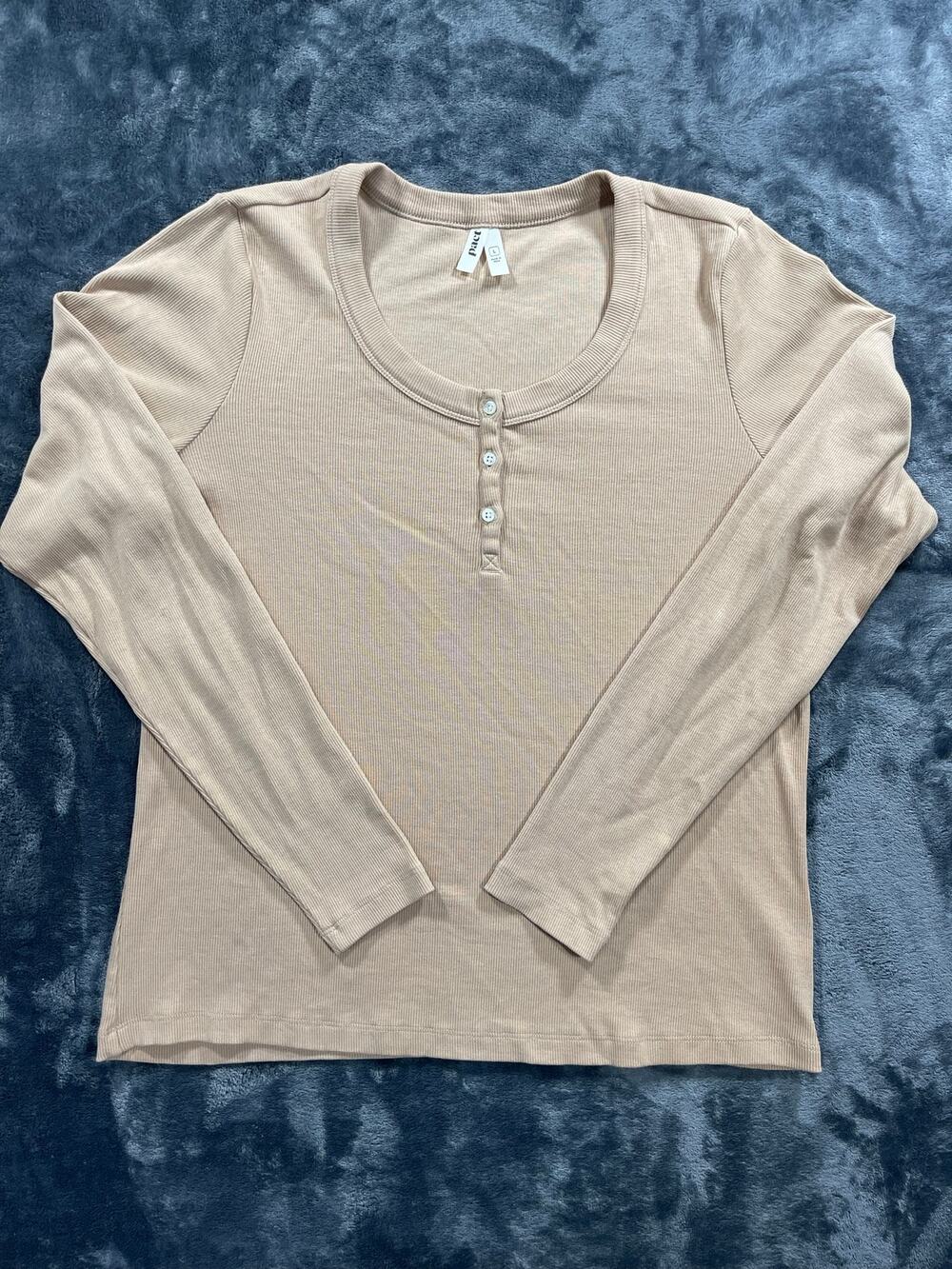 Pact Organic Cotton Henley Long Sleeve Ribbed Shirt Top Tan Women's Large